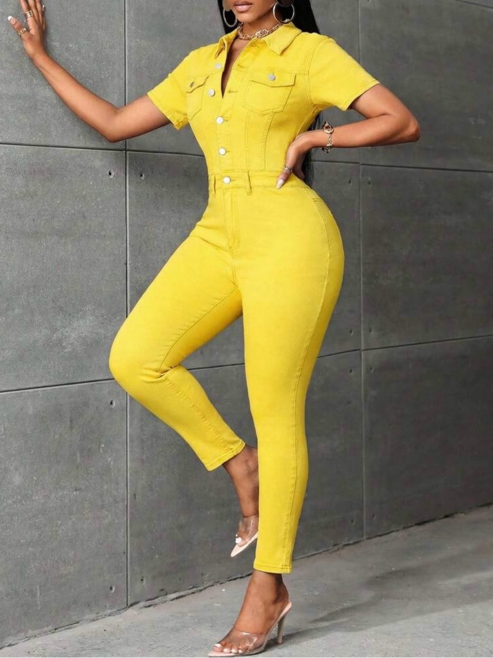 SHEIN Bright Yellow Short-Sleeve High-Waist Denim Jumpsuit
